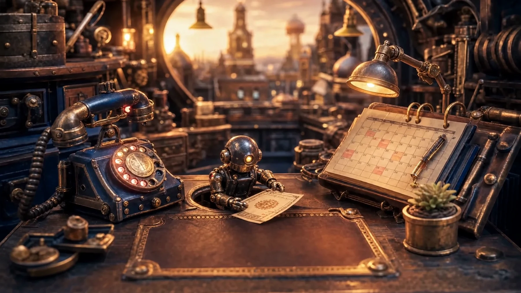 A tiny brass robot delivering a booked-job ticket to a desk at golden hour, the MariX AI engine at work